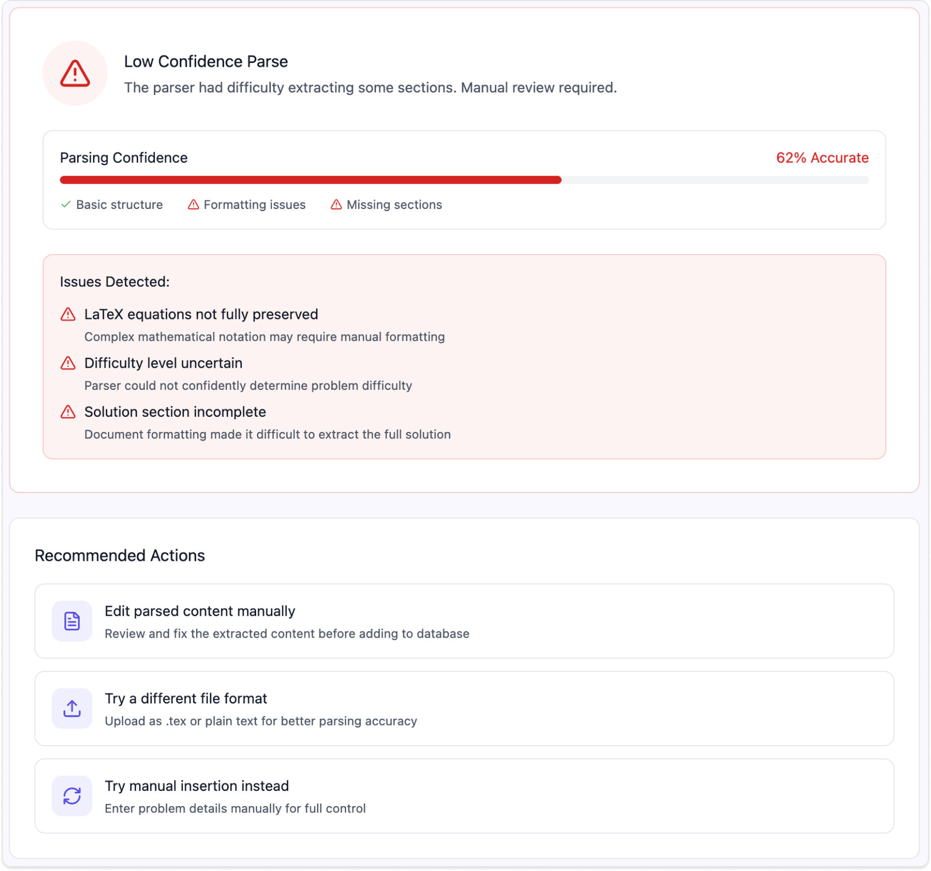 low-confidence parse with diagnostics and recommended actions